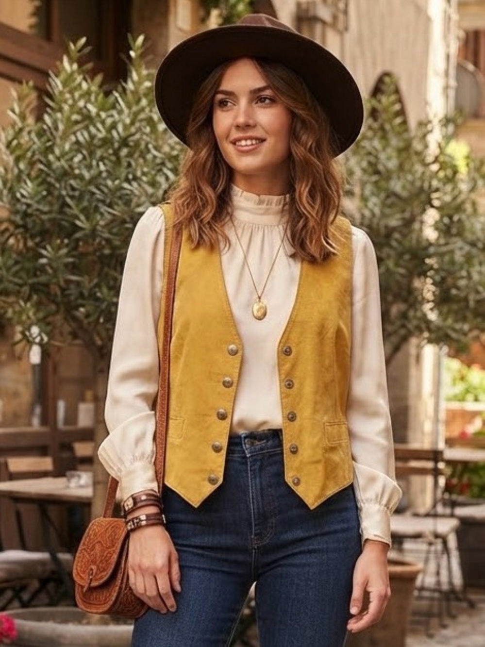 Eureka by Rice Sportswear Mustard Yellow Suede Paisley Vest Boho 70s Retro 10